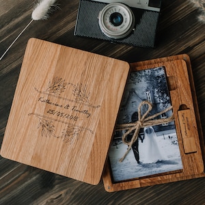 10x15cm (4x6) fotodoos gemaakt van natuurlijk massief eikenhout met bijpassende USB-drive. Gepersonaliseerde souvenirdoos. Koppel geheugenbox