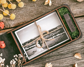 10x15cm (4x6) black wooden photo box. Couple memory box with USB. Vintage photo gift box. Memory keepsake box for couples