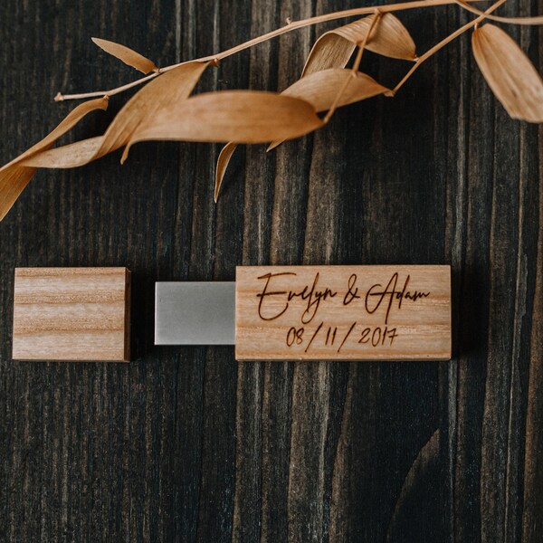 Set of 5 pcs. Natural ash wood USB custom engraved thumb drive. Wedding USB flash drive