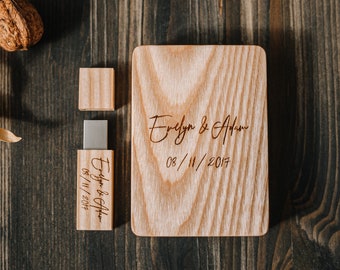 Natural ash solid wood USB box with natural ash USB drive (optional). Personalized USB stick with engraving