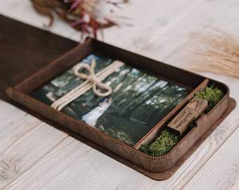 10x15cm (4x6) dark rustic wooden photo box. Couple memory box with USB 3.0. Rustic photo gift box.