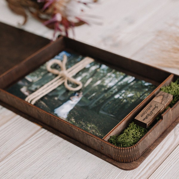 Boîte photo en bois pour tirages 5 x 7 cm | Boîte photo rustique avec clé USB | Boîte de présentation de mariage personnalisée