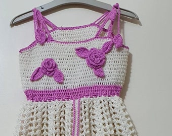 Hand knitted girl dress, Stretchable, Cream white and light purple, Size 2 to 3 years
