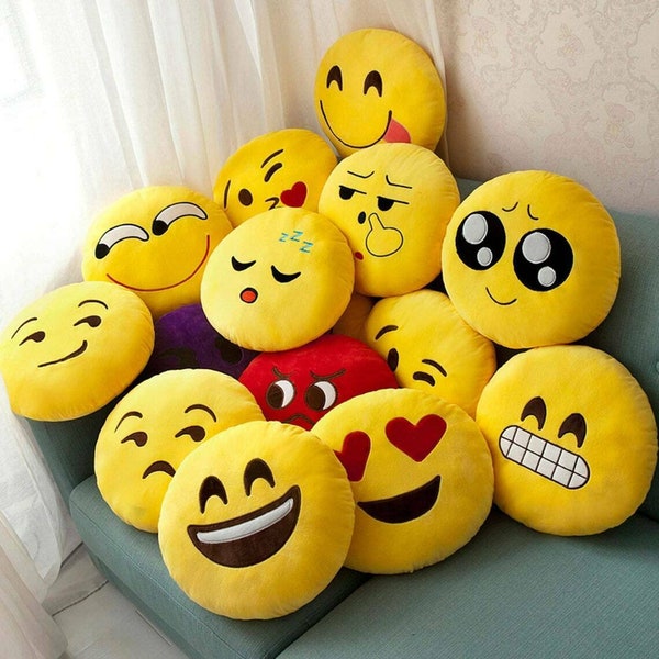 Smile Styles Émoticônes Coussin rond jaune Oreillers Emoji Mignonne peluche douce Décor Smiley 35 cm x 35 cm Expression de dessin animé