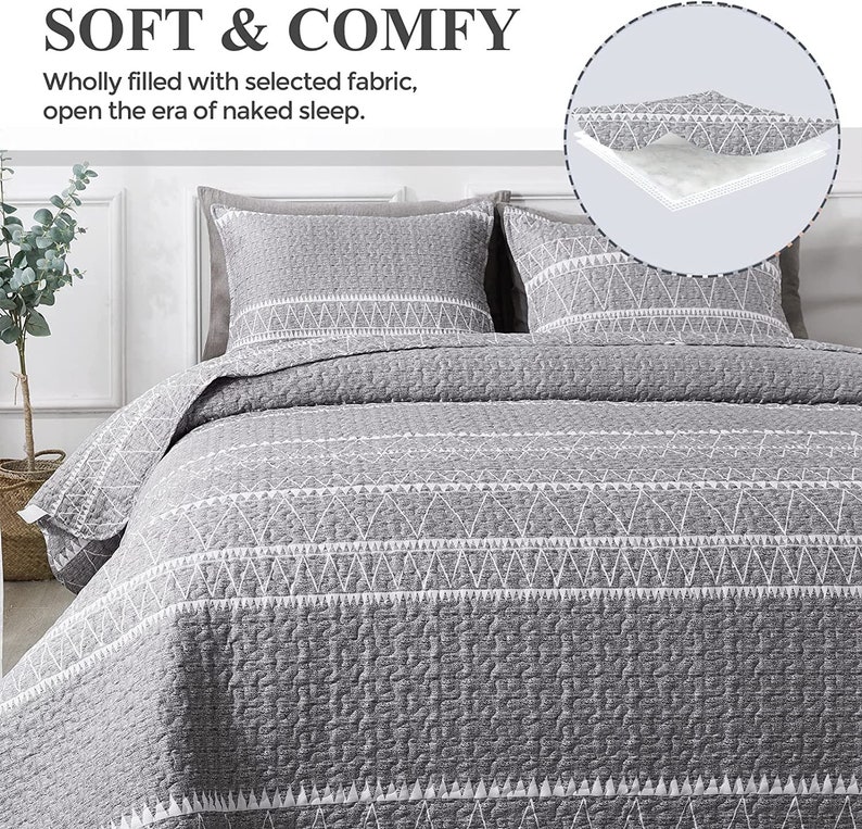 Grey Quilt Set King 106x96 Inch 3 Pieces1 Striped Triangle Etsy