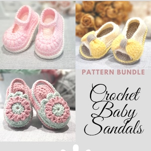 May include: A pattern bundle for crocheting baby sandals. The bundle includes three different styles: pink sandals with a strap, yellow sandals with a bow, and green sandals with a flower.