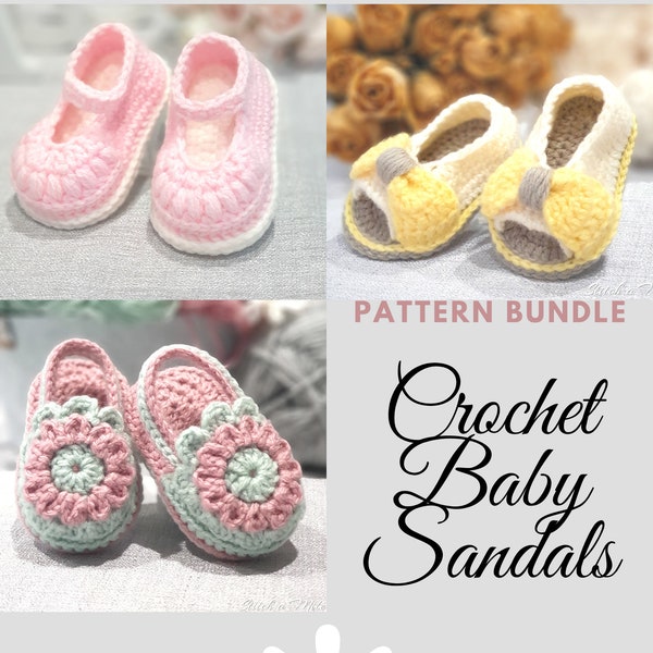 Sandales pour bébé Joli CROCHET PATTERN BUNDLE crochet chaussures de bébé. Lot de 3 motifs, 9 variations de couleurs au total. Pointures :Chaussures bébé à 12 mois