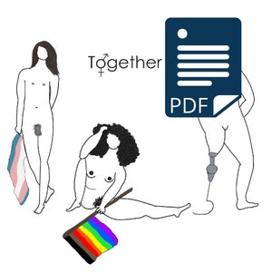 Könnte beinhalten: Eine minimalistische Illustration mit drei Figuren, dem Wort "Together" und Geschlechtssymbolen. Eine Figur hält eine Transgender-Flagge, eine andere eine Regenbogenflagge und die dritte ein PDF-Dokument. Der Stil ist einfach.