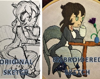 May include: An embroidery hoop with two images: an original sketch and an embroidered version. The embroidered image depicts a person sitting at a table, holding a drink, with a small vase of flowers. The text "EMBROIDERED SKETCH" is below the embroidered image.