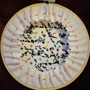 May include: A white embroidery hoop with a black and white design embroidered on white fabric. The design features black lines and colorful dots. The hoop is made of wood and has a diameter of approximately 8 inches.