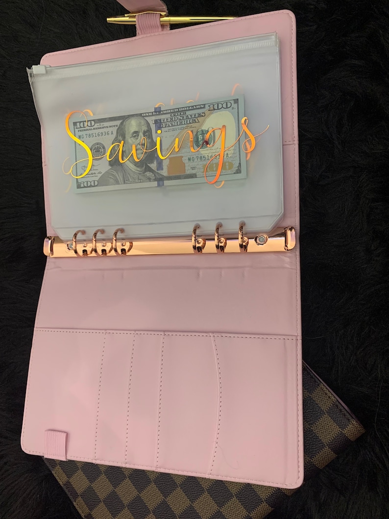 May include: A pink leather bound planner with a clear plastic pocket on the front. The pocket contains a $100 bill with the word "Savings" written in gold script on it.