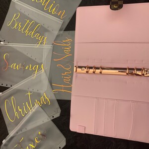 May include: Five clear plastic zippered pouches with gold lettering. The pouches are labeled "Vacation", "Birthdays", "Savings", "Christmas", and "Taxes". The pouches are sitting on a pink and brown background.