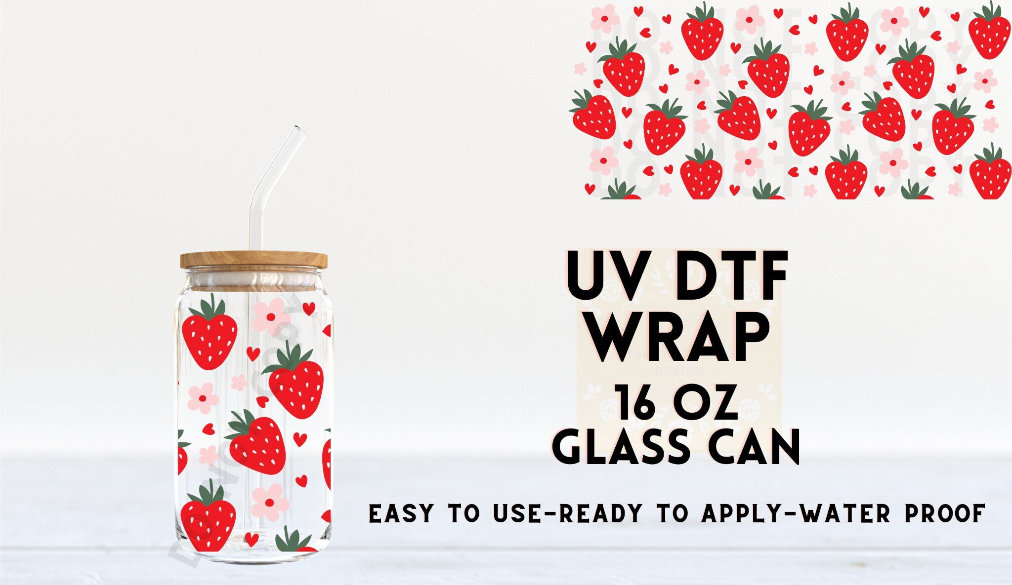 Strawberry Iced Coffee Cup | Beer Glass Mug | UV DTF cup wrap