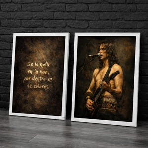 Puede incluir: Dos impresiones artísticas enmarcadas. Una presenta texto en español, la otra representa a un músico sin camisa tocando la guitarra y cantando a un micrófono. El arte tiene un fondo oscuro y texturizado y está enmarcado en blanco.