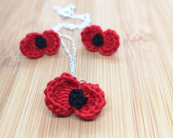 Micro Crochet Poppy Jewelry Set: Handmade Flower Studs and Necklace
