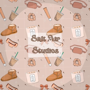 May include: A seamless pattern featuring various items in a light brown and beige colour scheme. The pattern includes candles, coffee cups, hair scrunchies, shearling boots, and a small bag. The text "Salt Air Studios" is featured in the centre of the pattern.