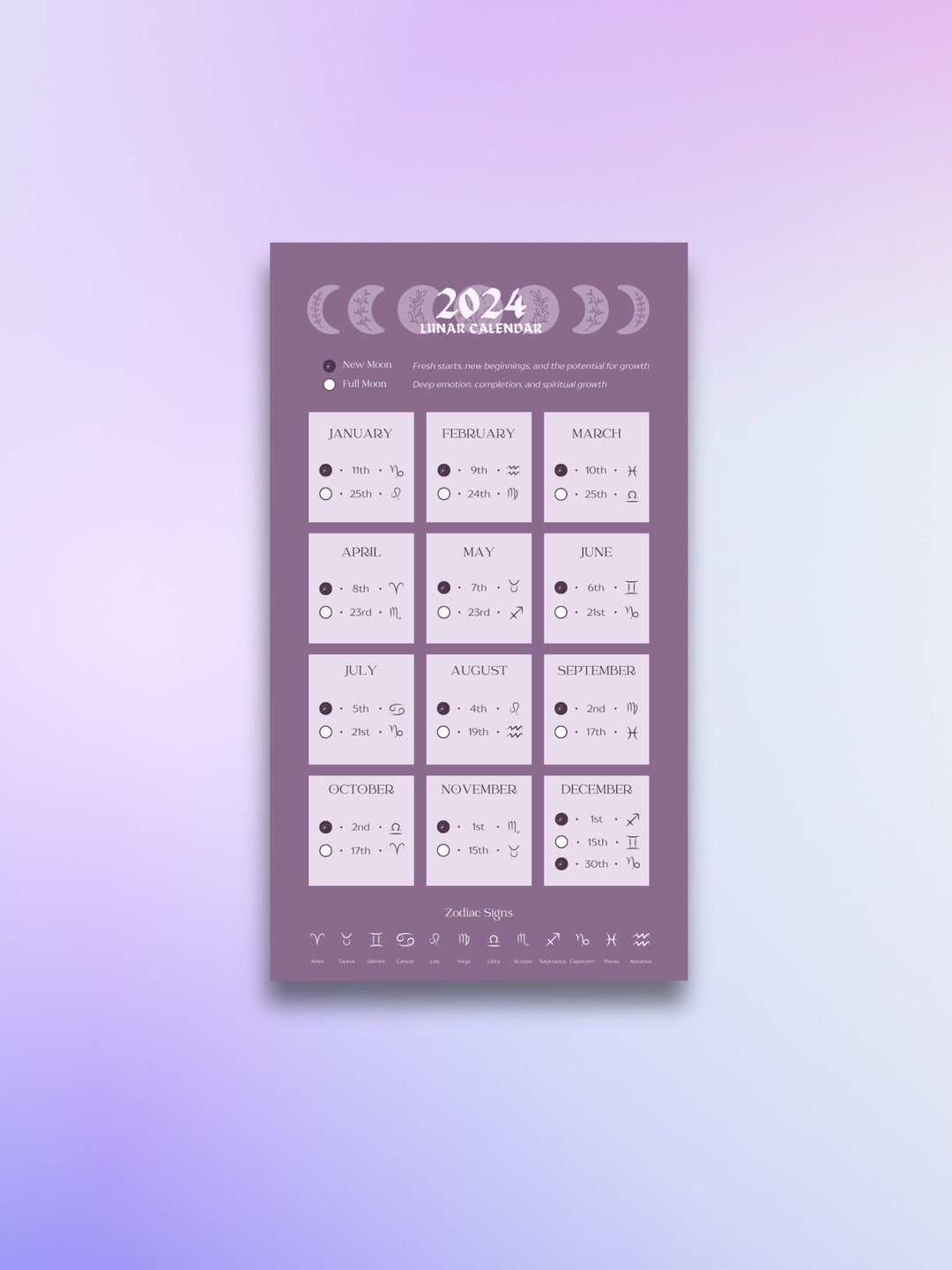 Printable 2024 Lunar Calendar With New Moon, Full Moon, and