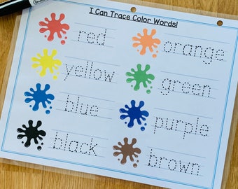 Tracing Color words, Preschool writing, Kindergarten writing, handwriting practice, Homeschool learning games, Recognizing color words