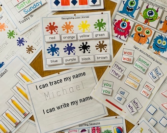 Kindergarten curriculum, Kindergarten learning binder, homeschool learning games, Phonics, Matching games, handwriting practice