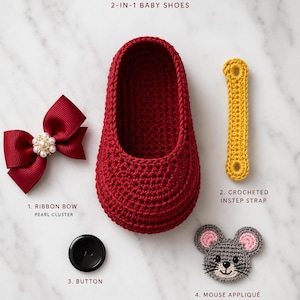 May include: A detailed image showcasing components for a baby shoe project. It includes a red crocheted shoe, a ribbon bow with a pearl cluster, a yellow crocheted instep strap, a black button, and a mouse appliqu&eacute;. Text reads "The Ruby Mary Jane 2-in-1 Baby Shoes".