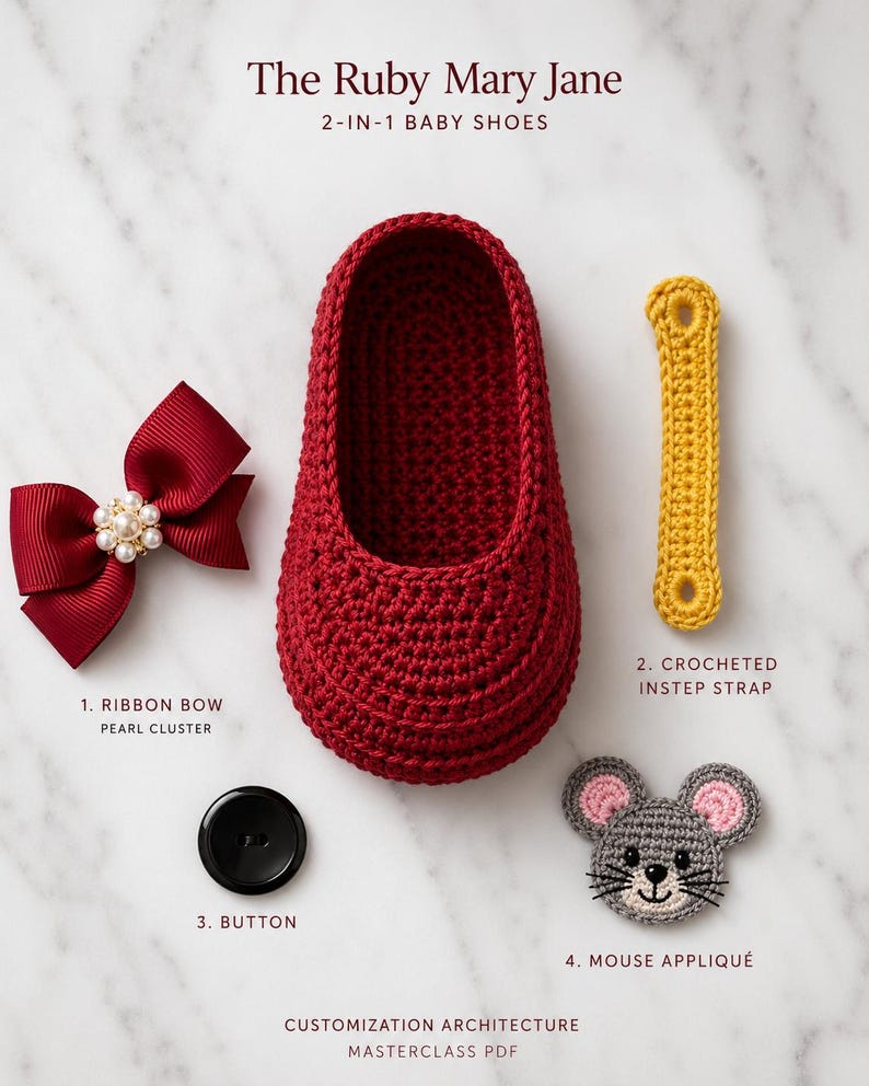 May include: A detailed image showcasing components for a baby shoe project. It includes a red crocheted shoe, a ribbon bow with a pearl cluster, a yellow crocheted instep strap, a black button, and a mouse appliqu&eacute;. Text reads "The Ruby Mary Jane 2-in-1 Baby Shoes".