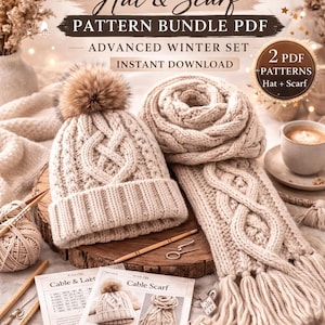 May include: A cable knit hat and scarf pattern bundle PDF. The image shows a beige cable knit hat with a faux fur pom-pom, a matching scarf, and knitting needles. The text reads "Cable Knit Hat & Scarf Pattern Bundle PDF".