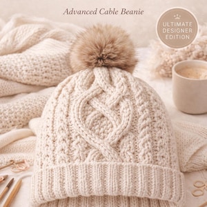 Op de afbeelding: Crèmekleurige gebreide muts met een kabel- en kantontwerp, afgewerkt met een pluizige bruine pompon. De muts heeft een geribbelde boord en een centraal kabelpatroon. De tekst luidt "Cable & Lace Hat KNITTING PATTERN PDF".