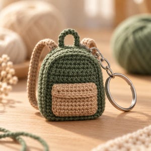 Op de afbeelding: Een miniatuur gehaakte rugzak-sleutelhanger met een donker olijfgroene romp en een lichtbruin voorvak. Het accessoire is voorzien van twee beige schouderbanden, een klein handvat aan de bovenkant en een zilverkleurige metalen ring.
