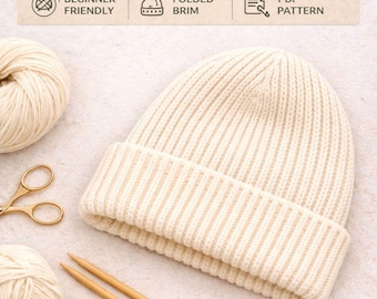 Ribbed Hat Pattern PDF – Beginner Friendly Adult Folded Brim – Instant Download