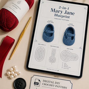May include: A digital crochet pattern for 2-in-1 Mary Jane baby shoes. The image shows a tablet displaying the blueprint, along with red yarn, a gold crochet hook, a red ribbon, pearls, and a black button. The pattern includes instructions for classic and T-bar Mary Janes.