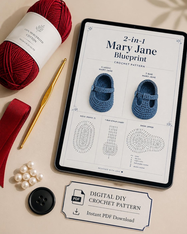 May include: A digital crochet pattern for 2-in-1 Mary Jane baby shoes. The image shows a tablet displaying the blueprint, along with red yarn, a gold crochet hook, a red ribbon, pearls, and a black button. The pattern includes instructions for classic and T-bar Mary Janes.