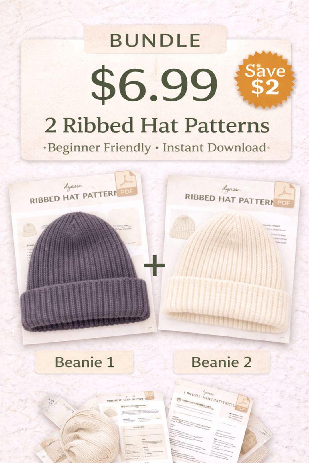 2 Ribbed Hat Patterns PDF – Beginner Friendly Adult Bundle – Instant ...