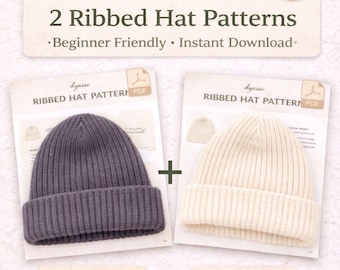 2 Ribbed Hat Patterns PDF – Beginner Friendly Adult Bundle – Instant Download