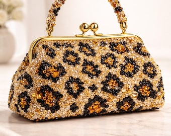 Leopard Beaded Bag Pattern PDF | Crystal Kiss Lock Purse Tutorial | Right Angle Weave Evening Clutch with Satin Lining