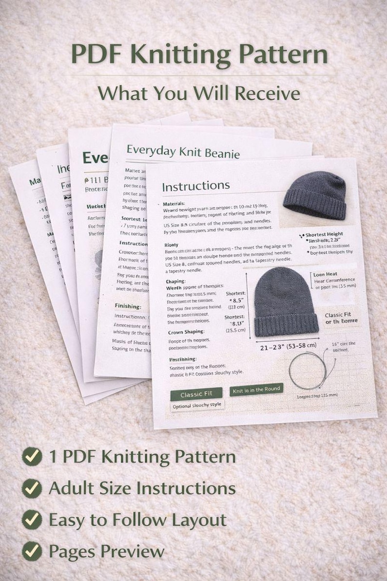 Beginner Knit Beanie Pattern PDF: Adult Everyday Hat - Etsy