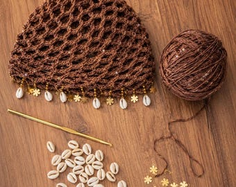 Boho Skullcap Crochet Pattern PDF, Sequin Mesh Hair Net, Cowrie Shell Festival Cap, Instant Download