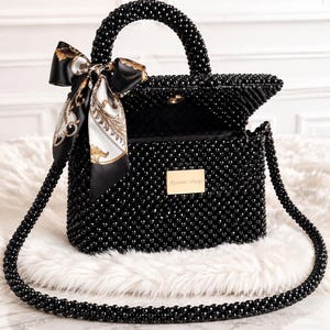 Black Beaded Flap Bag Pattern PDF | Structured Handbag Tutorial | Right Angle Weave Purse with Velvet Lining