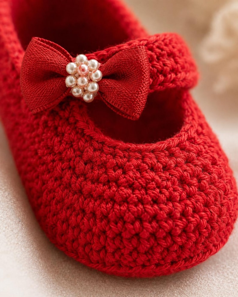 May include: A close-up of a red crocheted baby shoe. The shoe features a bow with a pearl embellishment. The shoe is a Mary Jane style, with a strap across the top of the foot. The crochet work is visible and detailed.