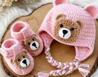 Crochet Baby Set Pattern PDF | Pink Teddy Bear Earflap Hat & T Strap Sandals | Baby Girl Booties Beanie Tutorial | Newborn Shower Gift DIY