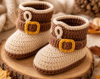 Baby Boots Crochet Pattern PDF, Winter Baby Booties, Beige Brown Buckle Strap, Boy Girl Shoes, Instant Download