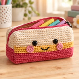 Può includere: Un astuccio rettangolare all'uncinetto con un design a blocchi di colore crema, giallo e rosa. La parte anteriore presenta un volto sorridente con due occhi in plastica nera, una bocca nera ricamata e due piccole guance rosa rotonde.
