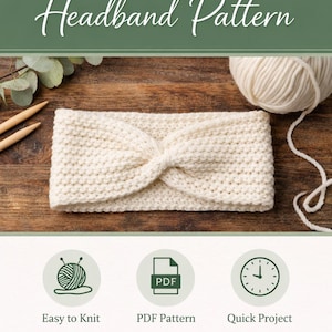 May include: Cream-colored knitted headband with a twisted knot design, displayed on a wooden surface. The image includes text that reads "No Curl Knit Headband Pattern" and icons indicating "Easy to Knit," "PDF Pattern," and "Quick Project."
