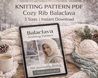 Balaclava Knitting Pattern PDF | Ribbed Winter Hood Tutorial | Beginner Knit Face Opening Cowl | DK Worsted Yarn Gift