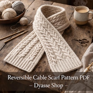 May include: A cream-colored, cable-knit scarf with a textured design, lying on a wooden surface. The scarf is folded, showcasing its intricate pattern. The image also includes yarn balls, knitting needles, and the text "Reversible Cable Scarf Pattern PDF - Dyasse Shop -."