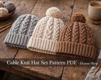 Cable Knit Hat Pattern | Textured Beanie, Ribbed Border (PDF Download)