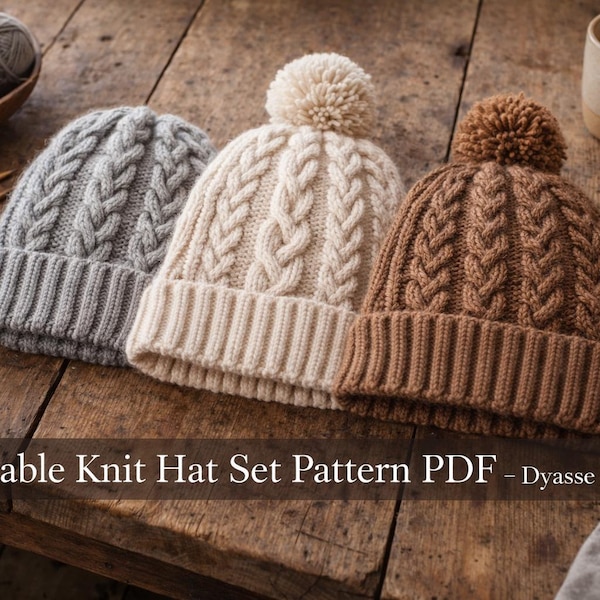 Cable Knit Hat Pattern | Textured Beanie, Ribbed Border (PDF Download)