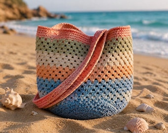 Rainbow Granny Stripe Crochet Beach Bag – Large Cotton Boho Summer Shoulder Tote