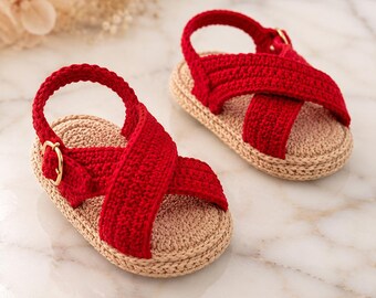 Baby Sandals Crochet Pattern PDF, Red Beige Criss Cross Baby Shoes, Gold Buckle Sandals, Instant Download
