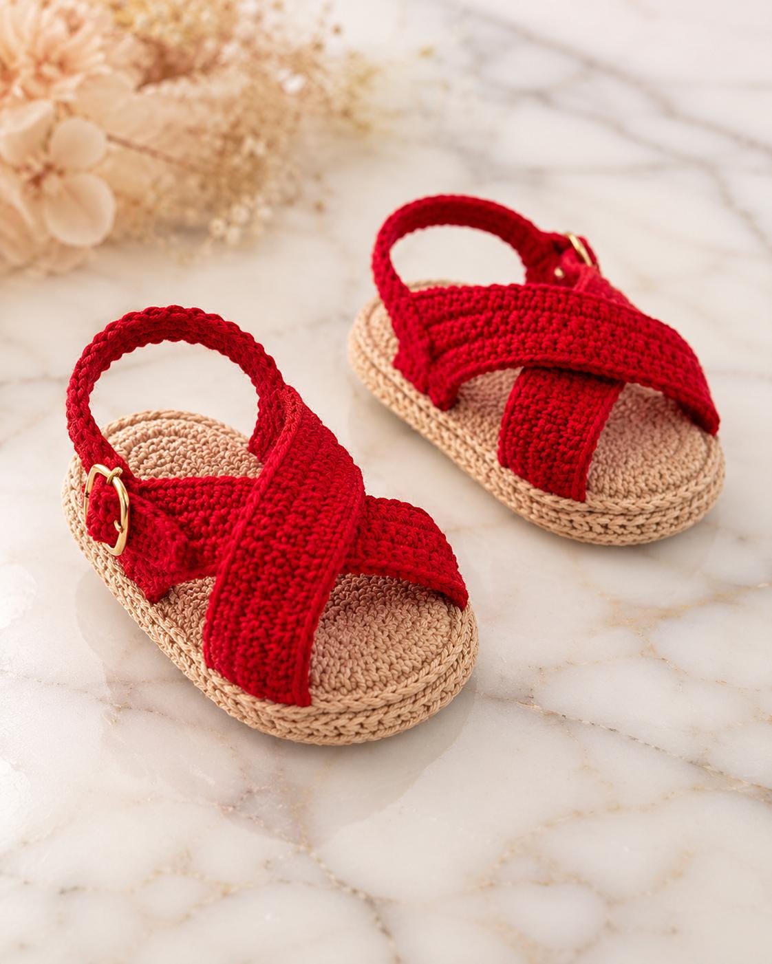 40 Baby Sandal Crochet Patterns for Sweet Summer Shoes, Gifts, and Keepsake Photos 39 Crochet Baby Sandals Red Beige Criss Cross Double Sole
