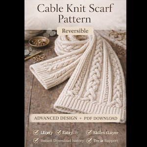 May include: Cream-colored cable knit scarf pattern with the text "Cable Knit Scarf Pattern" and "Reversible". The design is labeled "Advanced Design + PDF Download". Includes the logos for Leoety, Eaisy.io, Skilm fLayer, Instant Download history, and Tre & Support.